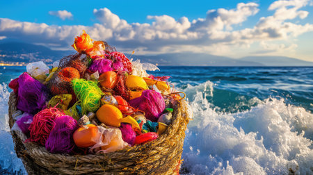 A beautifully woven basket filled with vibrant fishing nets and artifacts rests by the ocean, capturing the essence of coastal life and artistry.の素材