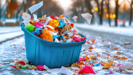 An overflowing blue trash bin filled with colorful waste sits on a snowy pathway, capturing the essence of urban litter during the winter season.の素材