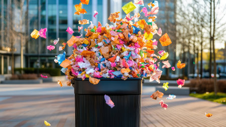 A lively scene showcasing colorful bits of paper waste erupting from a black trash can, set against a modern urban backdrop, emphasizing vibrant energy and environmental awareness.の素材