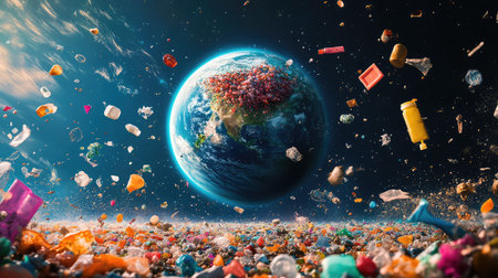 This image depicts Earth enveloped in colorful waste and pollution, emphasizing the urgent need for environmental awareness and proactive solutions to combat waste impact on our planet.の素材