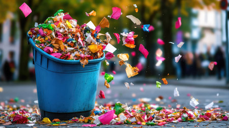 A blue trash bin overflows with colorful litter on an urban street, illustrating the growing challenge of waste management and environmental awareness.の素材