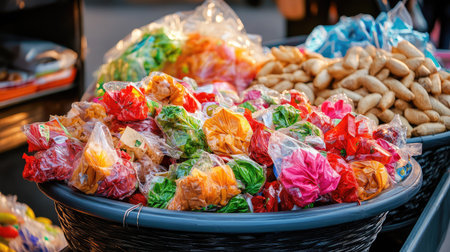 A vibrant display of assorted wrapped candies and snacks in colorful plastic bags, ideal for markets or festive celebrations, showcasing freshness and variety.の素材