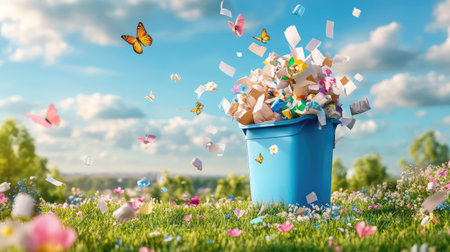 A vibrant scene depicts a blue trash bin overflowing with paper waste, surrounded by butterflies and colorful flowers, symbolizing nature's beauty and the importance of recycling.の素材
