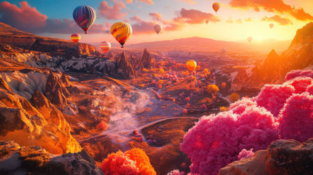 Experience a stunning sunset in Cappadocia, featuring colorful hot air balloons drifting over a captivating landscape filled with vibrant clouds and unique rock formations.の素材