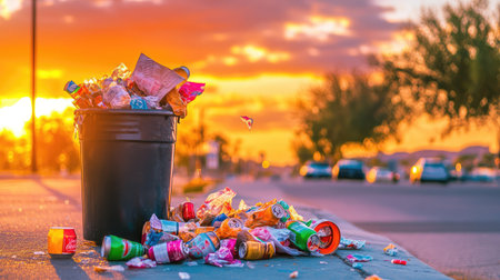 A vibrant sunset paints the sky as an overflowing trash bin stands in a city street, surrounded by scattered waste. This image highlights urban litter issues.の素材