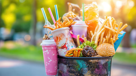 A vibrant image capturing an overflowing garbage bin filled with fast food, drinks, and snacks in a sunny urban park, highlighting waste management issues.の素材