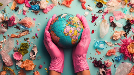 This vibrant image captures a pair of gloved hands carefully holding a globe amidst a colorful array of plastic waste, highlighting environmental concerns.の素材
