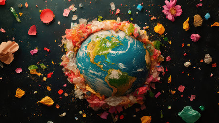 This striking image illustrates Earth enveloped in vibrant waste and colorful debris, symbolizing the critical pollution challenges facing our planet today.の素材