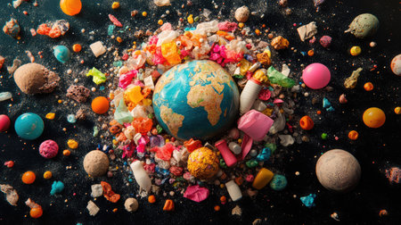 A stunning visual featuring a globe of Earth at the center, surrounded by an array of colorful geological materials and vibrant artistic pieces, all set against a cosmic backdrop that sparks creativity and imagination.の素材
