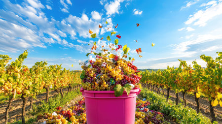 A vibrant scene in a vineyard where colorful grapes overflow from a pink container, set against a stunning blue sky and lush green fields.の素材