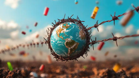 This striking image depicts the Earth ensnared by barbed wire, symbolizing environmental degradation and pollution. It highlights the urgent need for sustainable practices and global awareness.の素材