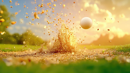 A dynamic image captures a golf ball striking sand, sending grains flying under a warm sunset sky. This scene showcases sport, action, and nature.の素材