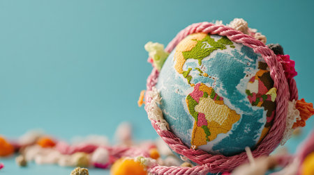 This captivating image features a vibrant globe wrapped in pink rope, surrounded by colorful decorative elements, symbolizing environmental awareness and global unity.の素材