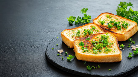A close-up of three perfectly toasted bread slices topped with fresh herbs, served on a dark slate board, ideal for culinary presentation.の素材