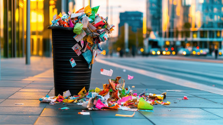 An overflowing trash bin spills colorful waste onto the pavement in an urban environment, illuminated by the warm glow of sunset. The scene highlights the contrast between city life and environmental cleanliness issues.の素材