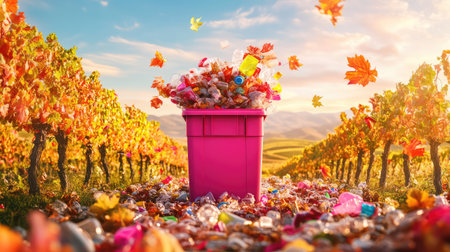 This captivating image showcases a vibrant autumn vineyard scene with a pink trash bin overflowing with waste. Colorful leaves decorate the ground, enhancing the picturesque landscape.の素材