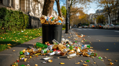 A colorful display of litter spills from an overflowing trash bin on a city street, amidst fallen autumn leaves, raising awareness about waste management.の素材