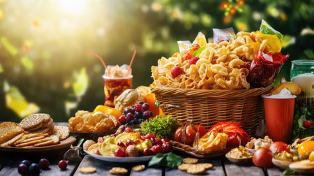 A vibrant food spread featuring an array of snacks, fruits, sweets, and refreshing beverages set in a sunlit outdoor environment, perfect for gatherings.の素材