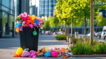 This image captures an overflowing trash bin filled with vibrant, colorful plastic waste, set against a backdrop of modern buildings and lush greenery.の素材