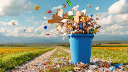 A blue trash bin erupts with diverse waste materials, illustrating the pressing issues of pollution and littering in a beautiful countryside setting.の素材