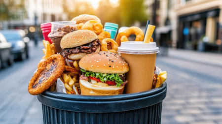 An overflowing trash bin filled with fast food items and debris on a city street captures the environmental impact of urban living.の素材