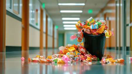 A trash can overflowing with colorful candy wrappers sits prominently in a school hallway, highlighting issues of waste and cleanliness in educational settings.の素材