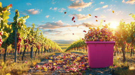 A stunning vineyard scene captures a vibrant pink container overflowing with colorful grapes under a breathtaking sunset, showcasing the harvest season.の素材