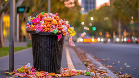 A colorful heap of plastic waste spills from an overflowing trash can on a city street, illustrating urban litter issues during a serene sunset.の素材