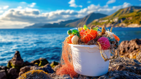 A vivid display of collected marine debris and fishing gear rests in a white container on rocky shoreline. The scenic ocean and mountains provide a striking backdrop, highlighting the importance of environmental conservation and awareness.の素材
