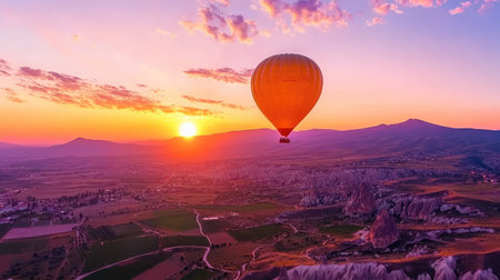 Experience the breathtaking beauty of a hot air balloon soaring over a stunning landscape as the sun sets, casting vibrant colors across the sky.の素材