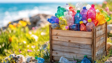 This vibrant image showcases a wooden crate filled with colorful plastic bottles against a beautiful beach backdrop, highlighting the need for recycling and environmental awareness.の素材