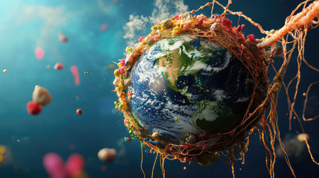 A captivating illustration of Earth enveloped in vibrant colors and organic textures, set in a dreamy cosmic landscape filled with bubbles and ethereal light.の素材