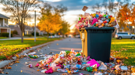 A vibrant scene featuring an overflowing trash can surrounded by litter on a quiet residential street during the golden hour, highlighting environmental concerns.の素材