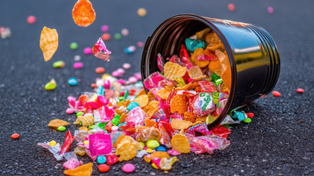 A vibrant and playful scene featuring a black bucket spilling an assortment of colorful candies and sweets onto the pavement, evoking joyful memories.の素材