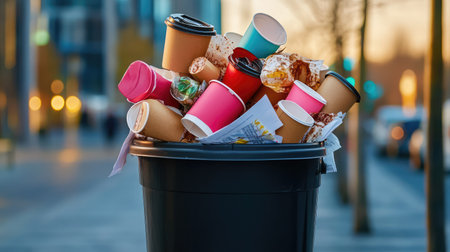 A vibrant view of an overflowing trash bin filled with colorful cups and wrappers, set against an urban backdrop during the golden hour, highlighting waste issues.の素材