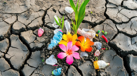 This striking image shows vibrant flowers emerging from cracked soil alongside plastic waste, symbolizing the urgent need for environmental awareness and action.の素材