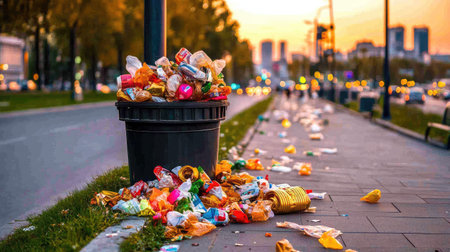 A chaotic scene depicting an overflowing trash bin on a city sidewalk at sunset, showcasing litter scattered around, highlighting urban pollution challenges.の素材