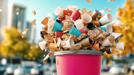 A vibrant scene depicting a trash bin overflowing with discarded paper cups and litter, set against an urban backdrop of colorful fall trees. This image highlights the challenge of waste management and urban pollution.の素材