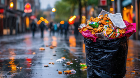 An overflowing trash bin sits on a wet urban street, surrounded by discarded fast food wrappers and litter. Rain adds a gloomy ambiance, highlighting pollution.の素材