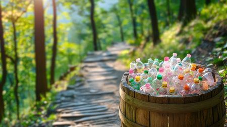 A striking image of discarded plastic bottles collected in a wooden barrel along a nature trail, highlighting environmental concerns and the beauty of nature.の素材