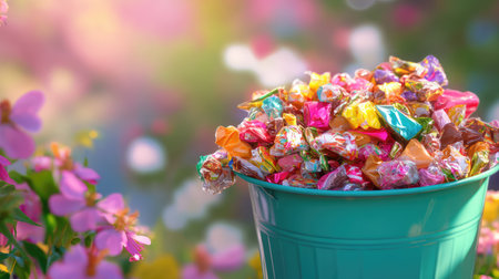 A vibrant green bucket filled with colorful candies creates a joyful scene among blooming flowers, capturing the essence of sweetness and celebration.の素材