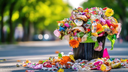 A colorful heap of discarded wrappers and trash spills over from a full trash can, set against a backdrop of lush green trees, highlighting pollution issues.の素材