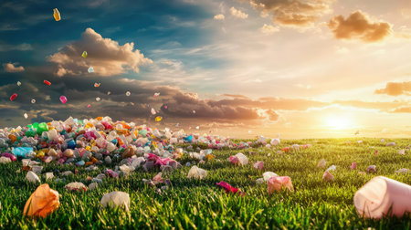 A stunning view of plastic waste scattered across a vibrant green field, highlighting the urgent environmental crisis and the need for sustainable practices.の素材