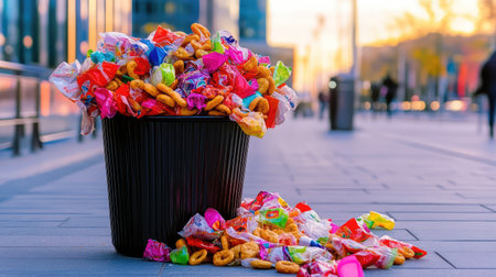 A vibrant, overflowing trash bin filled with colorful candy wrappers stands prominently in an urban landscape at sunset, exemplifying waste issues.の素材
