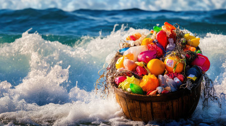 A vibrant wooden basket filled with colorful plastic waste sits on a sandy shore, with waves crashing around it, highlighting the issue of ocean pollution.の素材