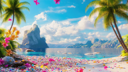 A stunning tropical beach scene featuring colorful flowers, clear blue water, and a majestic mountain backdrop under a bright sky. Perfect for relaxation.の素材