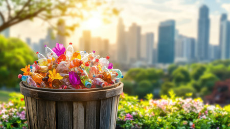 A wooden trash bin overflows with colorful plastic bottles and waste, set against a vibrant city skyline in the morning light, highlighting environmental challenges.の素材