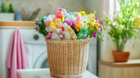 A vibrant laundry room scene featuring a woven basket filled with colorful detergent bottles and a lovely floral arrangement. Ideal for cleaning and home decor themes.の素材