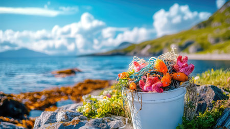 A picturesque scene featuring a white bucket filled with various colorful sea creatures placed on rocky shore, capturing the essence of coastal beauty under a bright sky.の素材