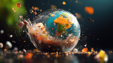 This captivating image showcases a vibrant globe suspended in a transparent bubble, surrounded by splashes of natural elements, highlighting the beauty and fragility of our planet.の素材